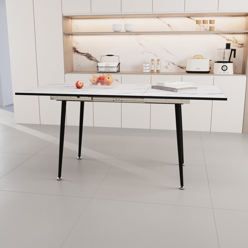 Table de salle à manger extensible de 47 po à 63 po, lueur de marbre blanc, industrielle moderne pour la cuisine et la salle à manger, avec pieds en métal noir conique
