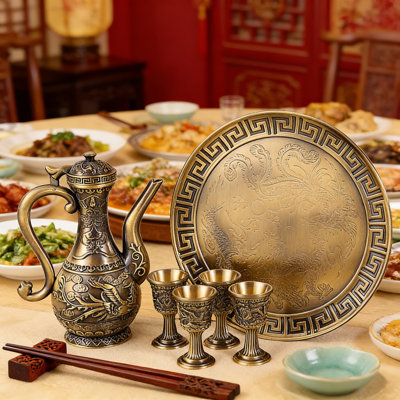 Service à thé et cafetière turque rétro avec 4 tasses et plateau, alliage de zinc fabriqué à la main avec des sculptures de dragon Phoenix pour la décoration intérieure, le mariage et le service de table