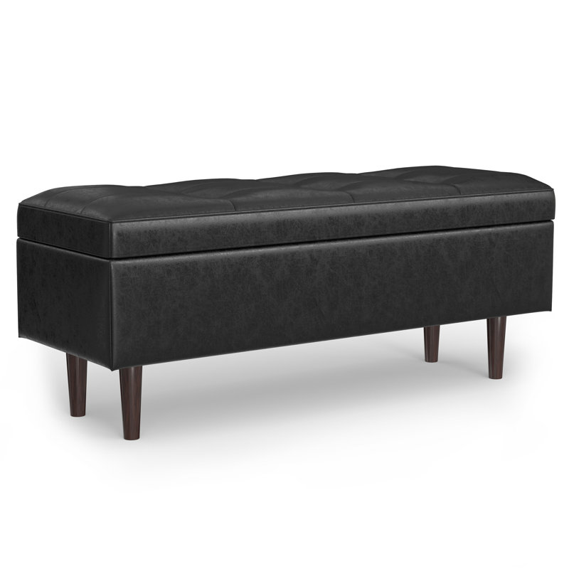 Shay 48"W Upholstered Vegan Leather Mid-Century Modern Rectangular Lift-Top Coffee Table Storage Ottoman, Distressed Black