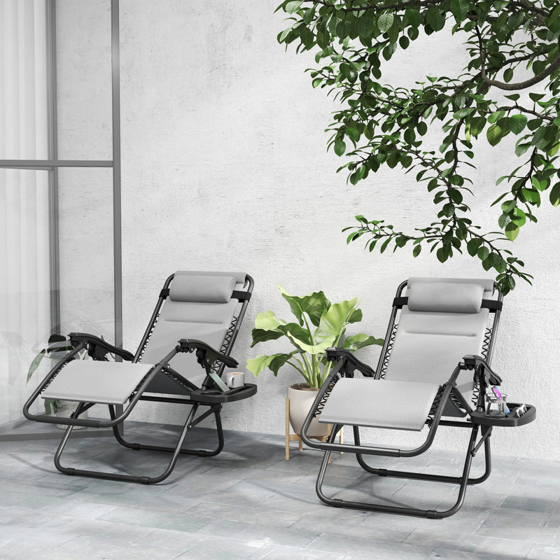Zero Gravity Chairs Set of 2, Reclining Folding Zero Gravity Lounge Chair, Outdoor Lounge Chairs with Cushion, Headrest, and Cup Phone Holder Tray for Patio, Beach