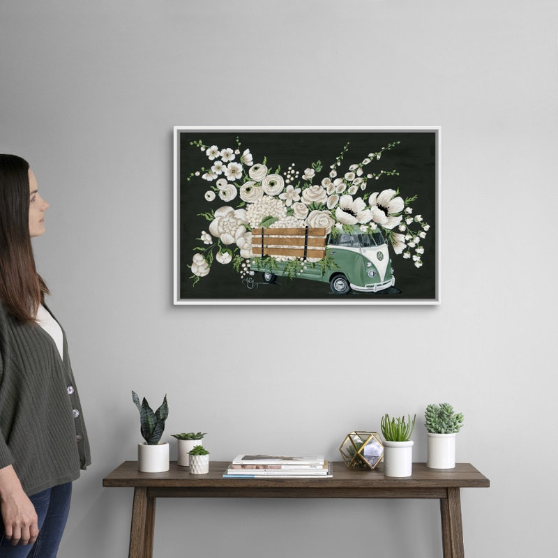 VW bus-noir-reproduction d’art sur toile, H 22 po x l 32 po x P 1,75po, Cadre blanc