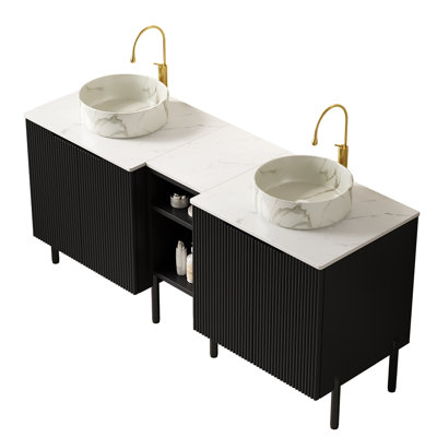 Meuble-lavabo double autoportant 60 po avec lavabo 60 po, 2 armoires de rangement rayées 24 po + tablette ouverte amovible 12 po, 2 vasques rondes en pierre avec comptoir blanc Carrara