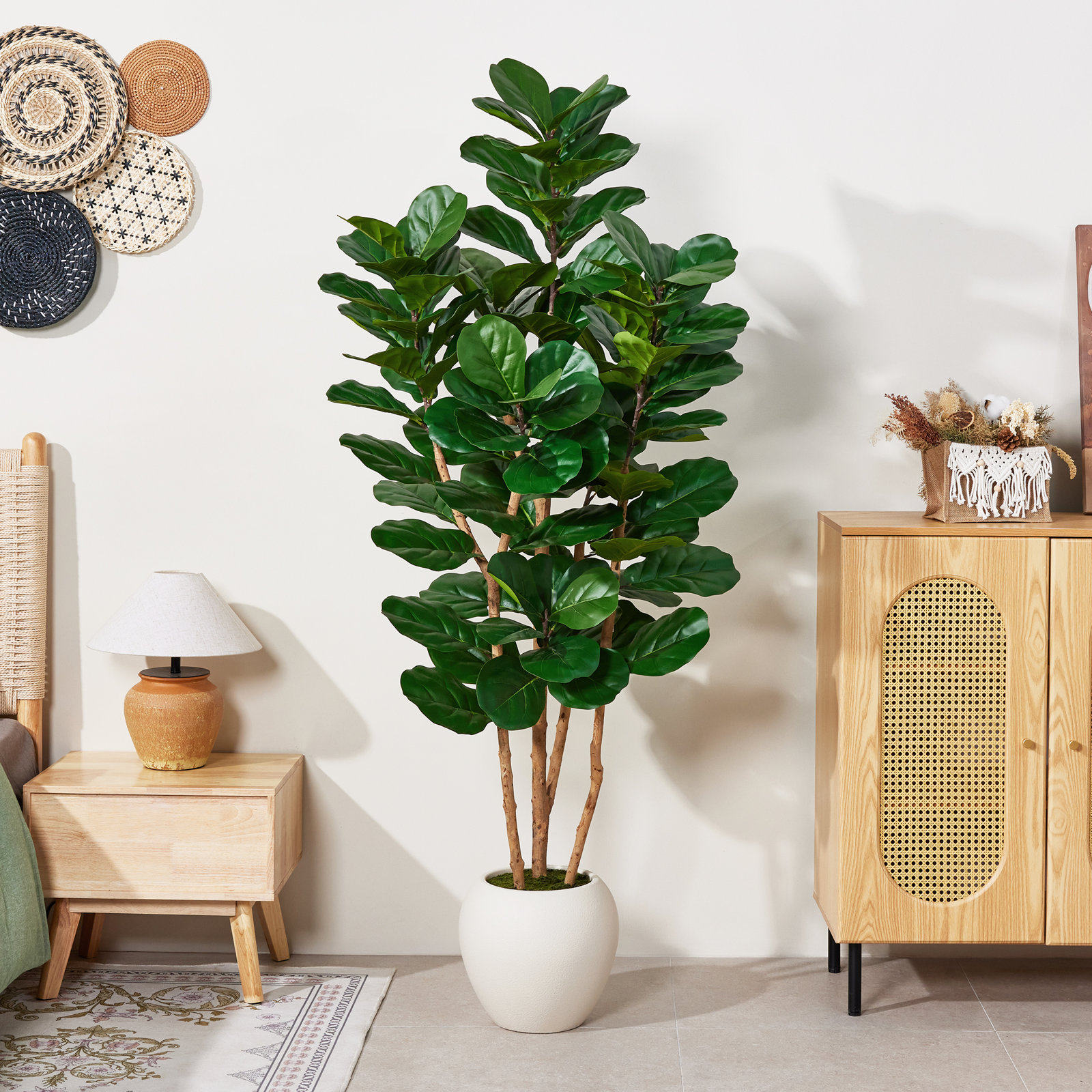 Artificial Fiddle Leaf Fig Tree With Real Wood Trunk And Large White Planter, Faux Fiddle Leaf Fig Plant For Living Room Office Home Decor