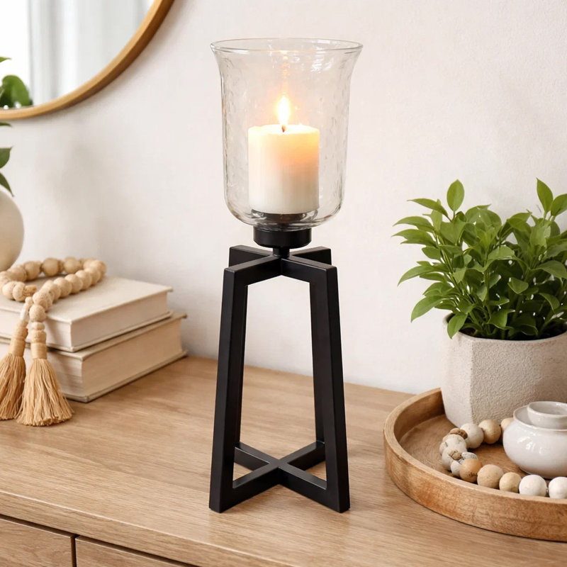 Cole Large Candle Holder, Open Crossed Black Iron, Clear Glass 23 Inch