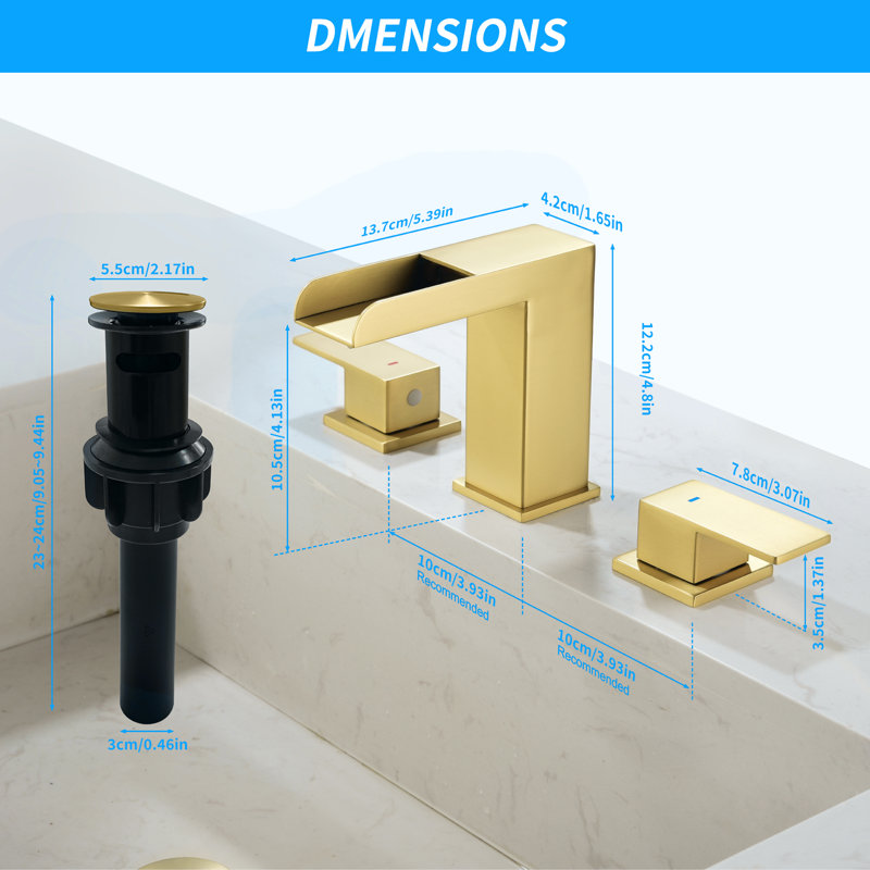 Waterfall 8 In. Widespread Double-Handle Bathroom Faucet Set 3-Holes Vanity Sink With Metal Drain, Brushed Gold
