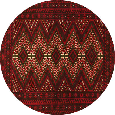 Tapis oriental rond rouge / vert / brun tissé à la machine 8 pi