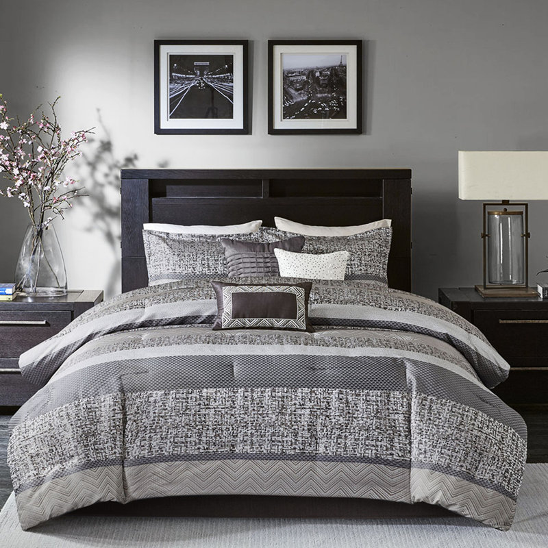 Édredon 7 pièces - très grand gris / jupe de lit taupe incluse avec détails gris, Gris/taupe