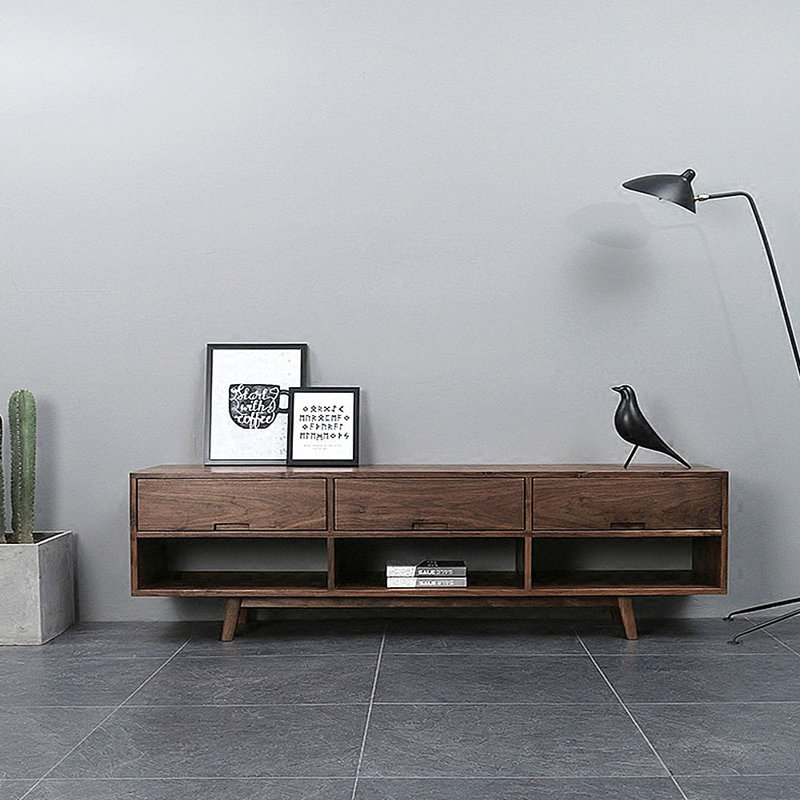 Cabinet audiovisuel noir avec tiroir en noyer