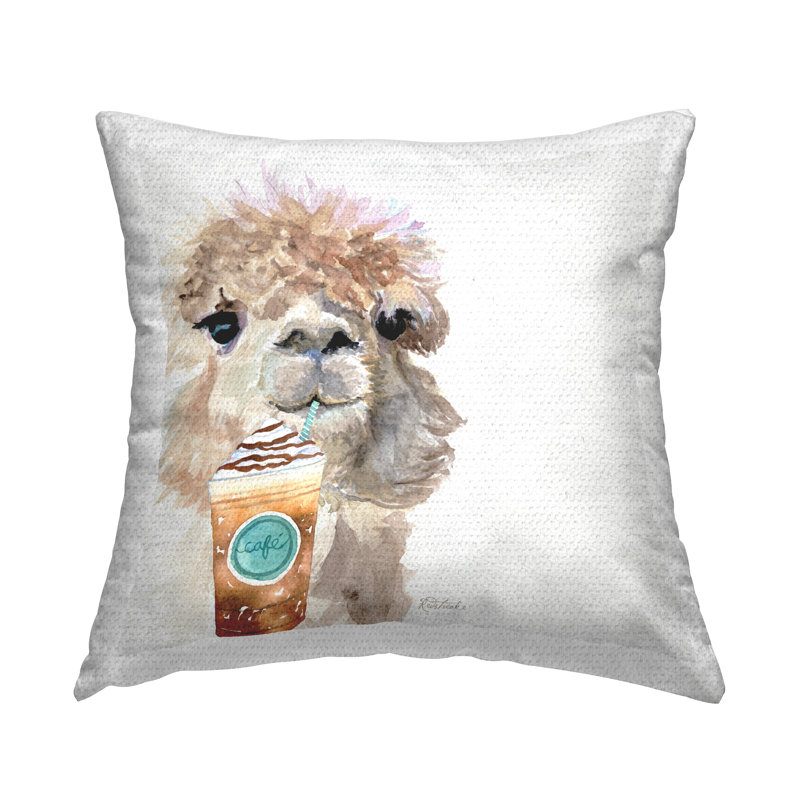 Coussin d'extérieur imprimé Alpaca Sipping Latte par Jennifer Redstreake