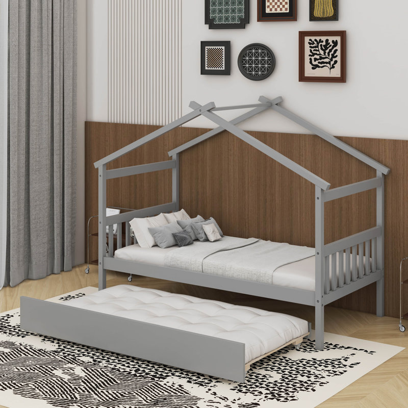 Lit simple en bois avec lit gigogne simple, Gris, Lit simple