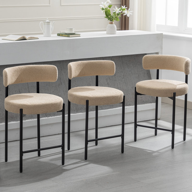 Beige Bouclé Upholstered Counter Stools with Metal Frame, Set of 2