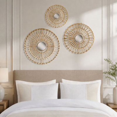 Ensemble de décoration murale, fibre ronde naturelle et miroir 3 pièces - Art mural