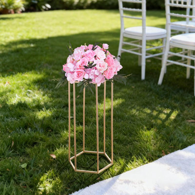Présentoir à fleurs pour mariage, support à fleurs colonne de 23,62 po, supports floraux avec stratifié acrylique, support floral cubique hexagonal pour mariage, fête, anniversaire, maison, centre de table or