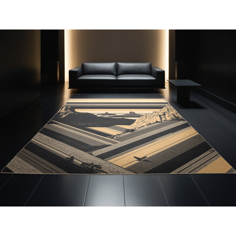 Tapis rayé brun / beige Pegah Country lavable à la machine, Rond 4 pi