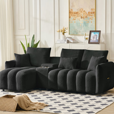 91,7 po noir avec console, porte-gobelet et rangement, porte-nuage modulaire de style moderne pour le salon