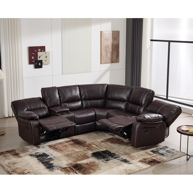 Canapé d'angle inclinable manuel en cuir végane de 269 cm de large avec rangement et porte-gobelet