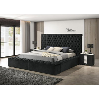 Modern Bedroom Sanctuary Black Velvet Plush Tufted Headboard Concealed Storage 1Pc King Bed