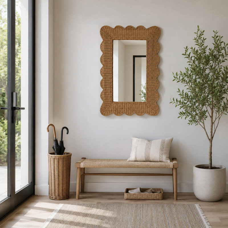 Miroir tissé en osier festonné bord de mer pour décoration murale décontractée pour le bureau de la chambre à coucher - 44 po - Brun clair