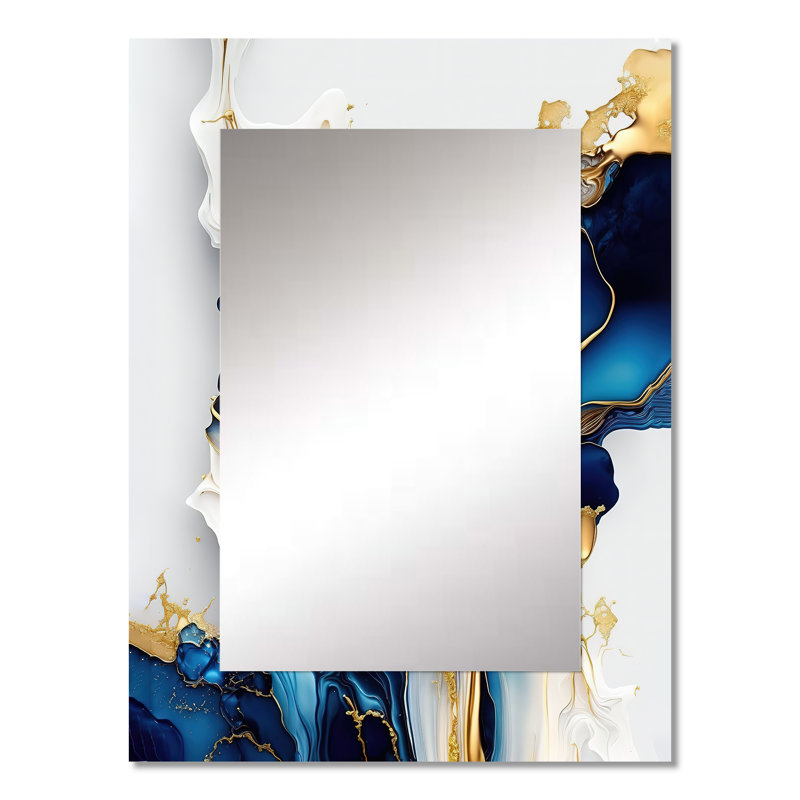 Abstrait géométrique en forme de marbre doré et bleu III - grand miroir mural moderne, art imprimé en métal, 32 po x 24 po