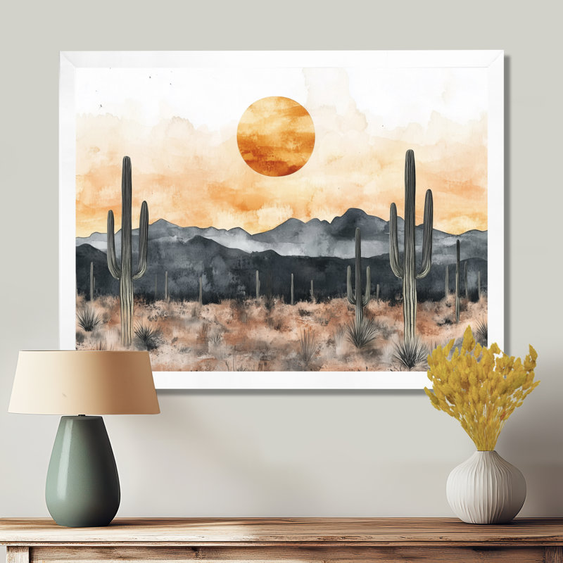 Silhouette de l'horizon désertique I - Tableau encadré Cactus, H 16 po x l 32 po, White Picture Framed