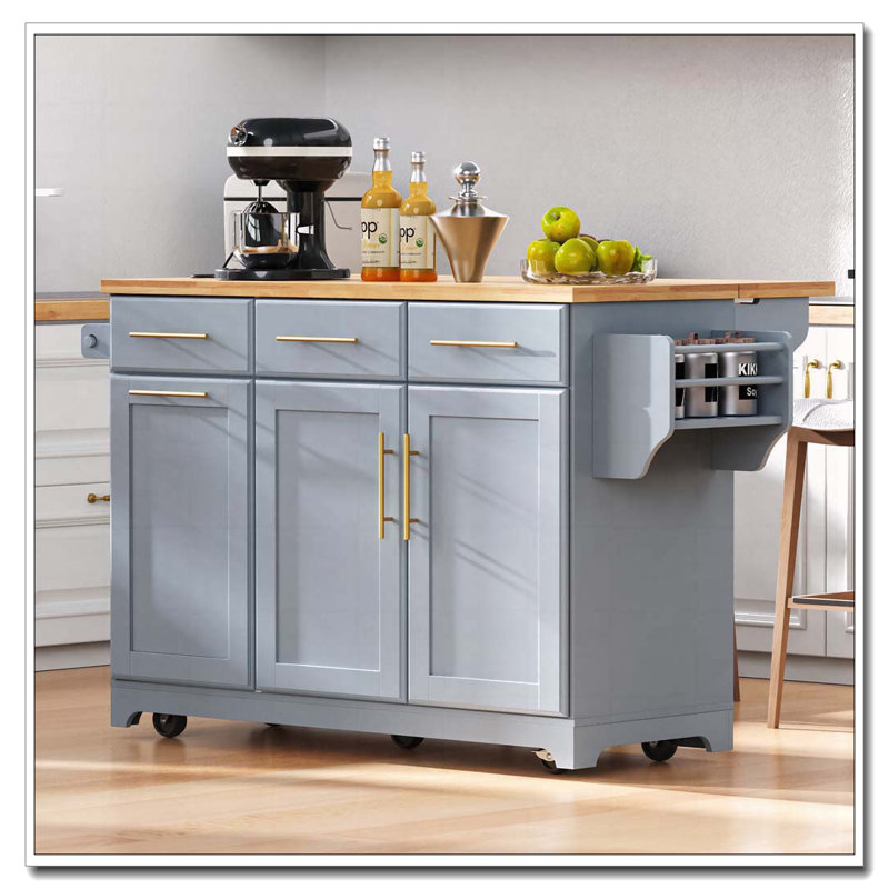 Îlot de cuisine 59,3 po avec 2 armoires coulissantes et rallonge en bois d'hévéa, îlot de cuisine roulant avec rangement pour poubelle, prise de courant, support à épices et à serviettes