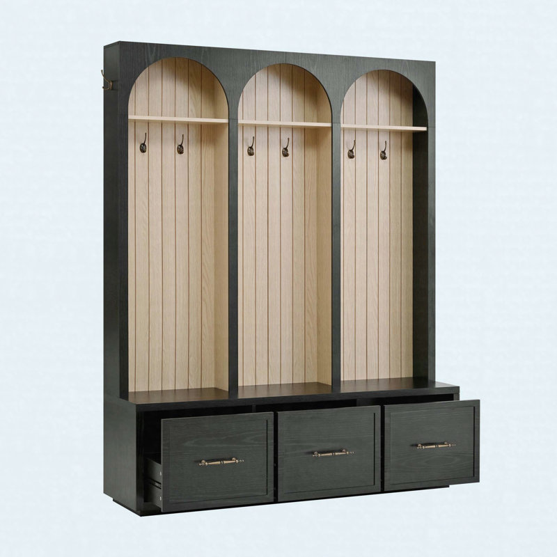 Farmhouse Hall Tree with Arched Design, Storage Bench, Drawers & Hooks, Black, Black
