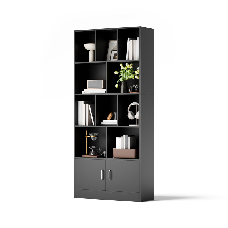 Achnas 70" H x 31" W Storage Bookcase with 10 Cubes and 2 Doors, Black