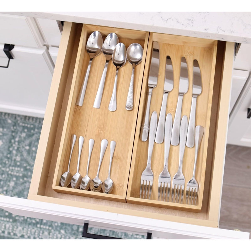 Organisateur de tiroir de cuisine pour ustensiles de cuisine, ensemble de 2 couverts en bambou