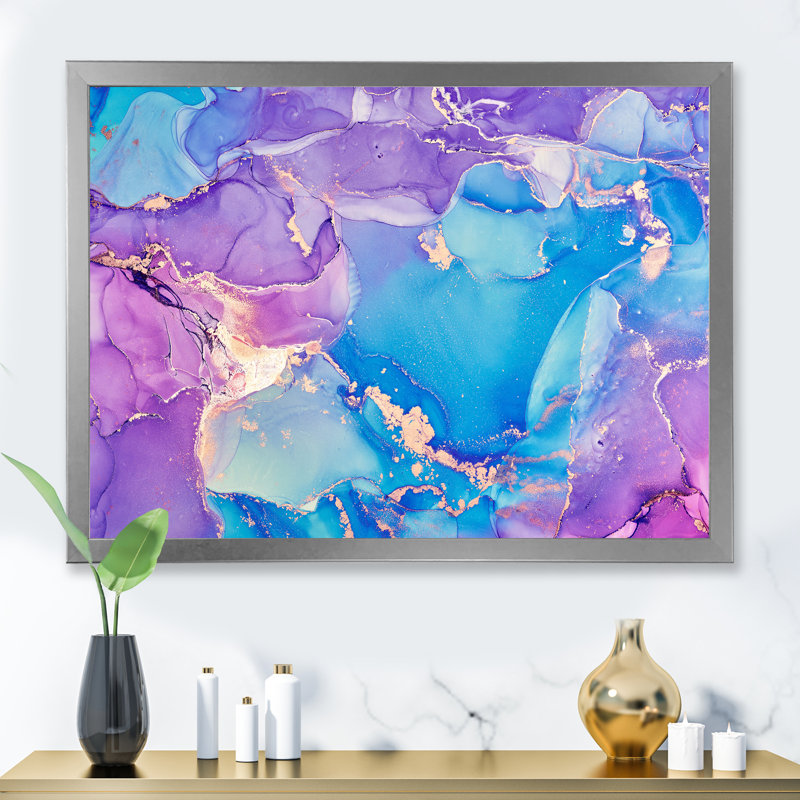 «Mauve et bleu liquide Art III», reproduction d'art sur toile moderne, Cadre photo argenté, H 34 po x l 44 po