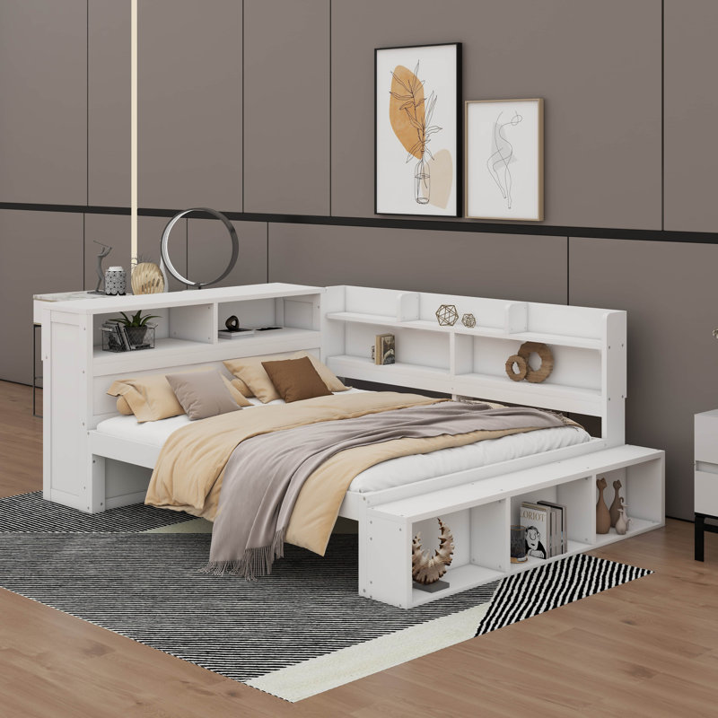 Lit de jour avec armoires de rangement, range-chaussures, structure en bois de pin massif avec ports USB, Blanc