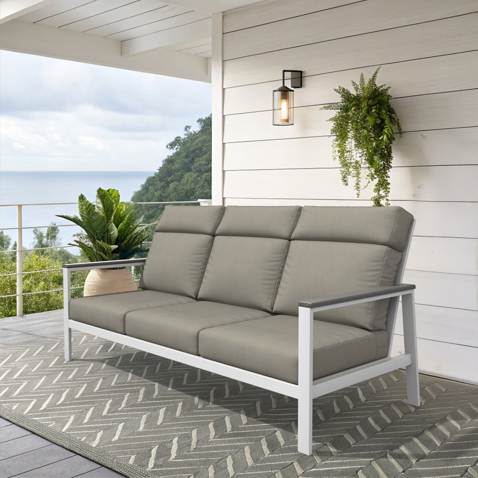 Townsend Metal Outdoor Sofa With Sunbrella Cushion, Solid Color, Spectrum Dove