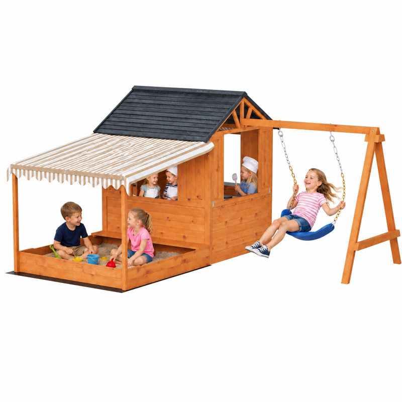 Maisonnette extérieure en bois pour enfants avec balançoire, bac à sable, cuisine et coin goûter pour des jeux actifs dans le jardin