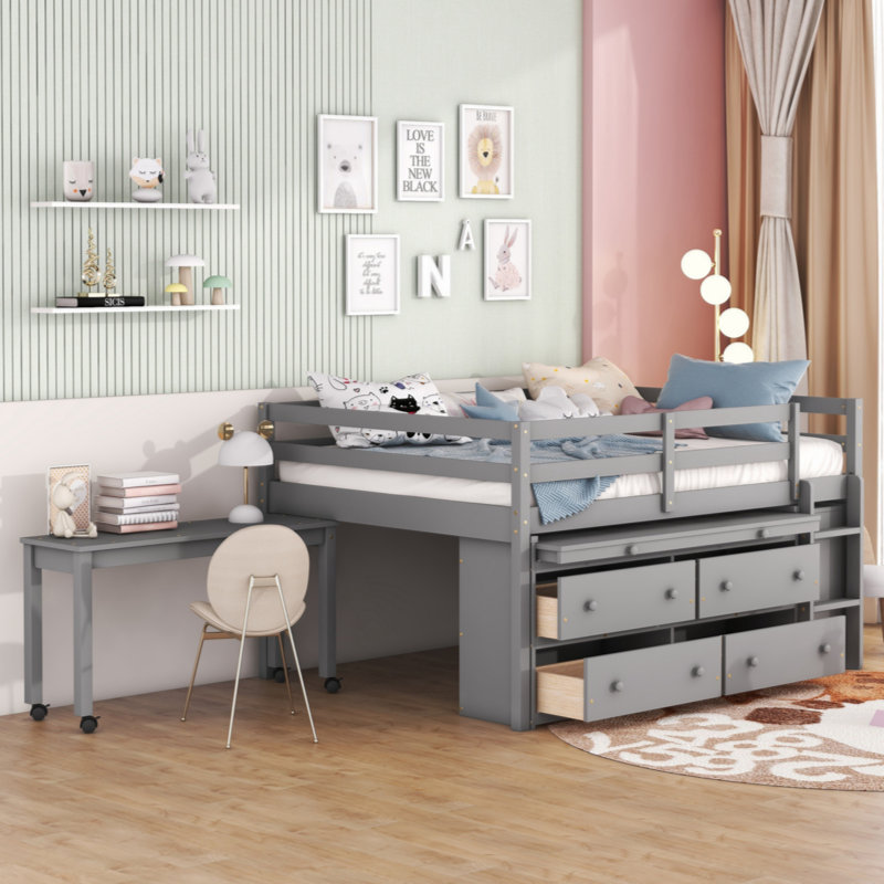 Henorel Kids Loft Bed with Desk, Dresser and Bookcase, Gray, Full/Double