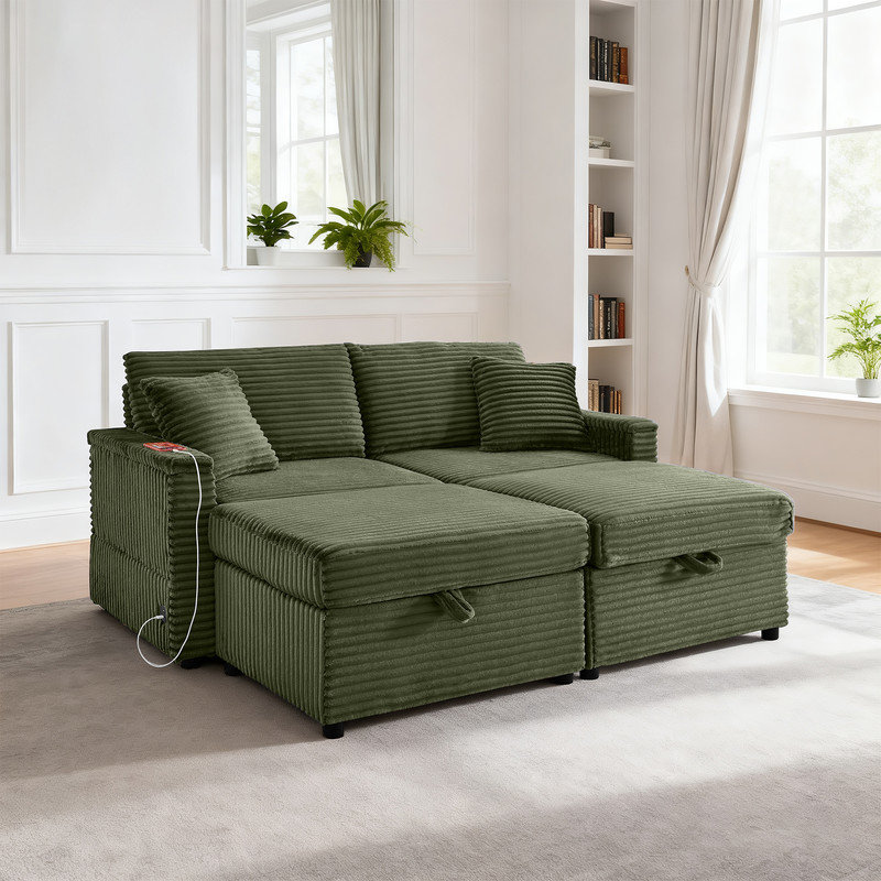 Causeuse et chaise longue Fluffy 2-en-1 avec rangement caché, repose-pieds double et table, Velours côtelé vert