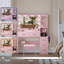Ensemble de coiffeuse 35 "avec miroir à DEL, station de charge USB, rangement à 5 tiroirs, bureau de coiffeuse rose avec tabouret pour la chambre à coucher-1378557886