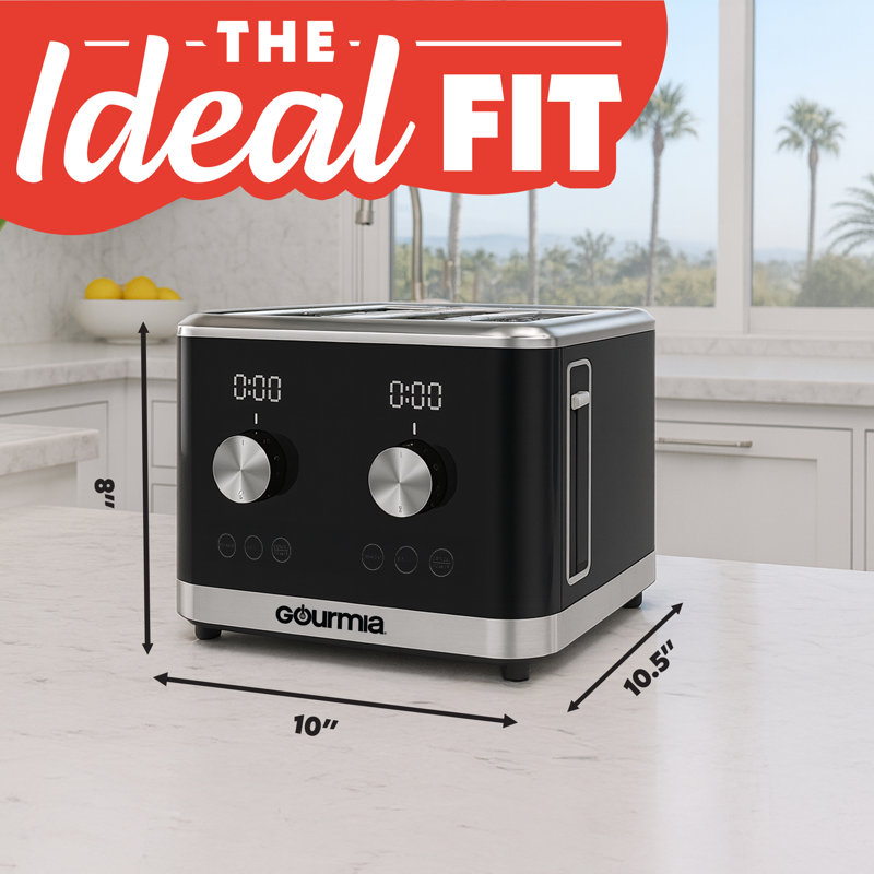 Gourmia 4 Slice Toaster With Dual Independent Controls, 6 Browning Levels, Bagel & Defrost Modes, Extra‑Wide Slots, Slide‑Out Crumb Tray, Compact Design, Black