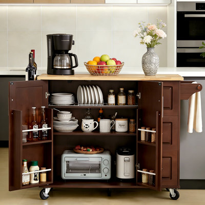 Culinary Rolling Kitchen Island with Rubberwood Countertop & Ample Storage by Lark Manor