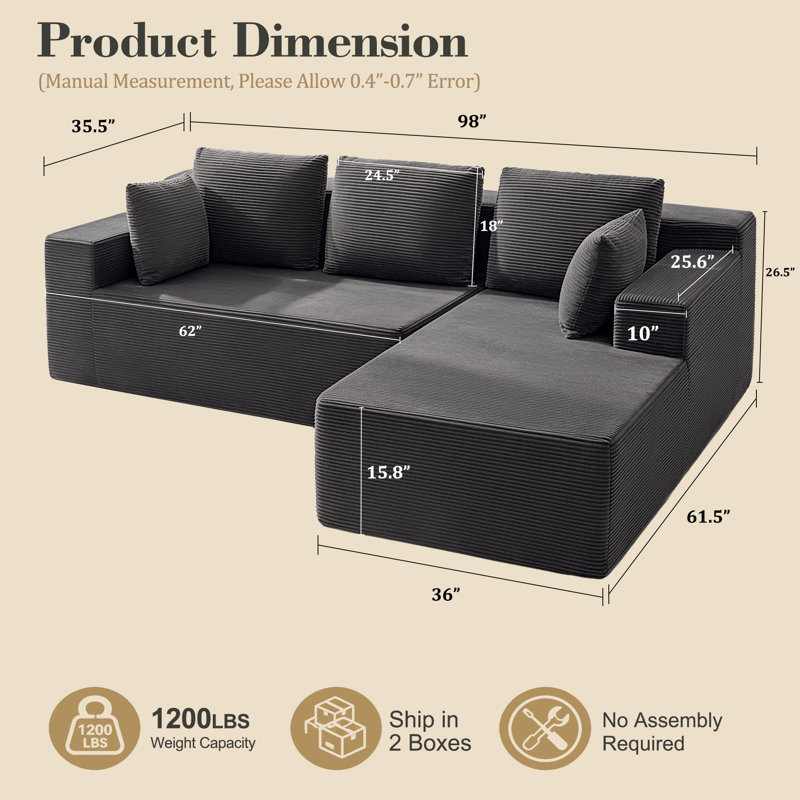 Canapé modulaire moderne en L avec méridienne et siège à compression profonde, sans assemblage requis, Dark Grey Corduroy