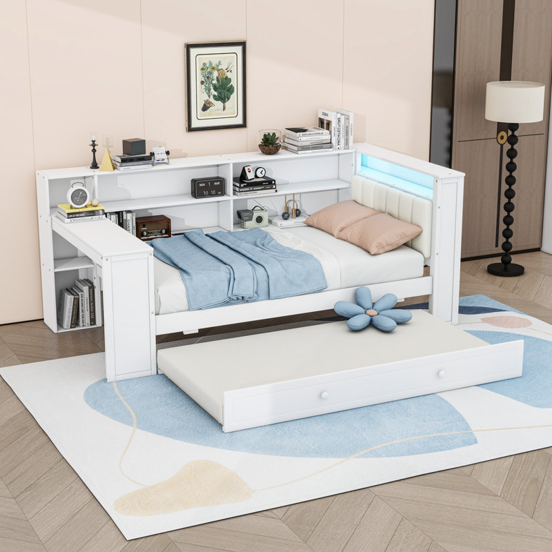 Lit simple en bois avec lit gigogne, tête de lit et bureau à DEL, Blanc / beige