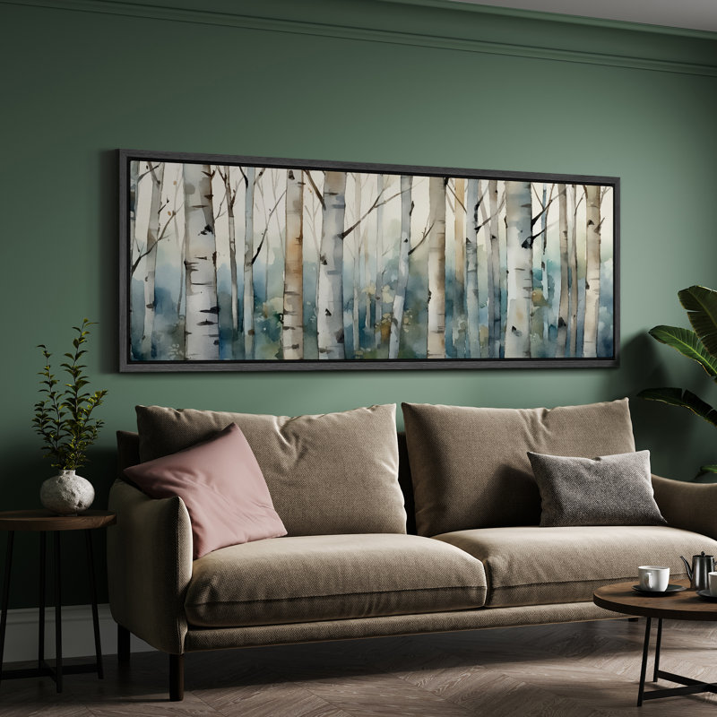 «Blue Birch Tree Forest», impression sur toile encadrée surdimensionnée, H 20 po x l 60 po, Noir, noir, noir, noir