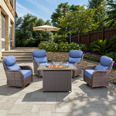Outdoor Patio Multiple Swivel Rocking Chairs Seating Group With Wicker Fire Pit Table