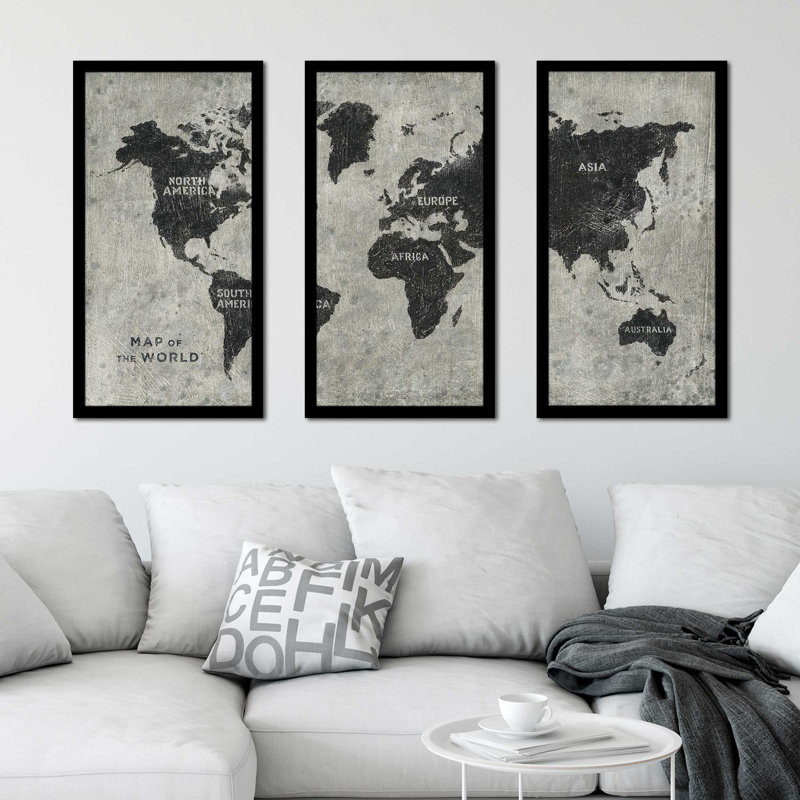 Carte du monde grunge - 3 pièces, impression encadrée, L 40,5 po x H 25,5 po x P 1 po