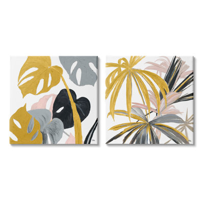 Ensemble de 2 impressions d’art graphique a2-137 grappes de feuilles de palmier jaune rose-gris par Patricia Pinto-ensemble de 2 impressions