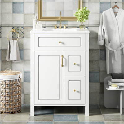 Meuble-lavabo de 24 pouces avec lavabo en céramique, 1 porte à fermeture en douceur, 2 tiroirs à fermeture en douceur et 2 supports de rangement sur la porte