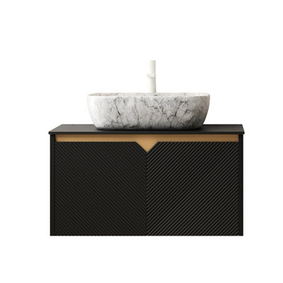 Malmesbury 30" Bathroom Vanity & Sink, Wall - Mounted Floating Structure, Marble Pattern Ceramic Vessel Wash Basin, Black Sintered Stone Counter, Plywood Cabinet With Soft Close System And Twill Metal