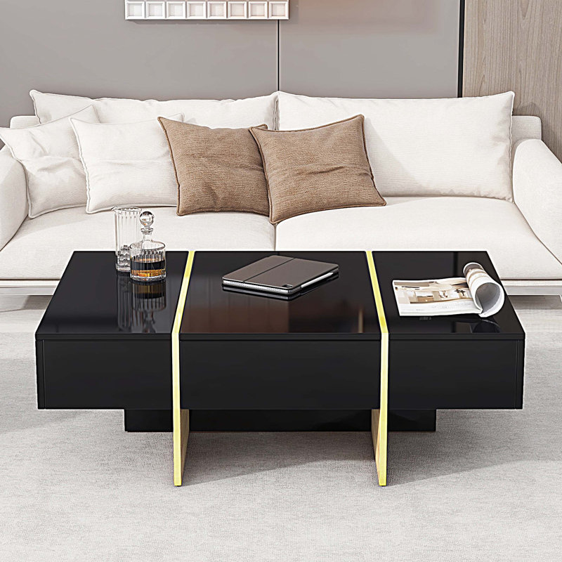 Table basse moderne avec 2 tiroirs, table de centre rectangulaire multi-rangement avec pieds en bois, Noir