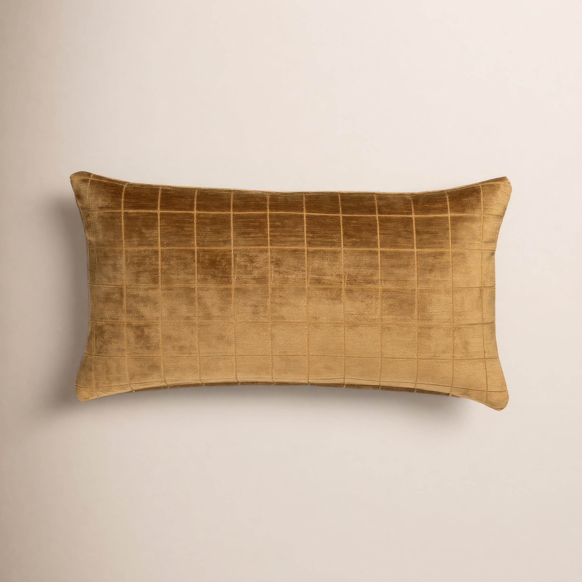 Otterville Velvet Grid Lumbar Pillow, Feather, 12"H x 21"W, Gold Geometric