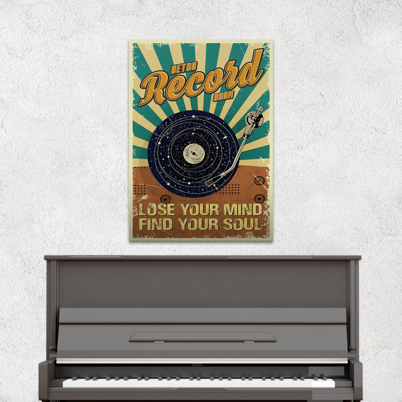 Retro Record Room - Lose Your Mind, Find Your Soul Gallery Wrapped Canvas - Music Illustration Decor, Brown, Black And Blue Music Room Decor