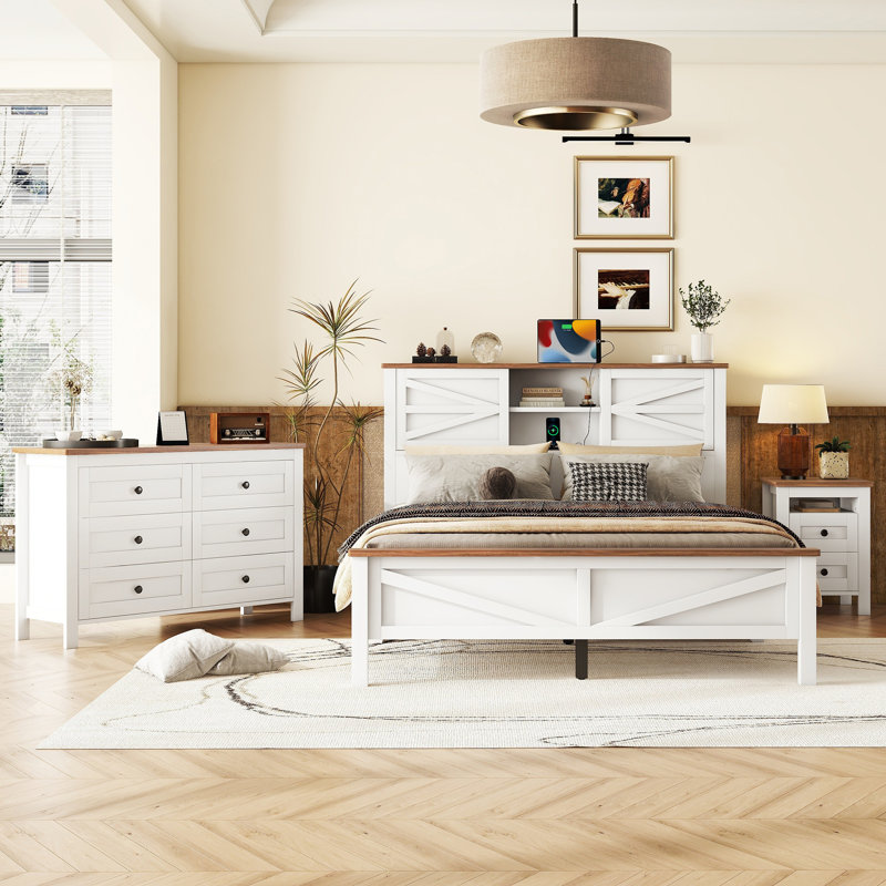 Lit plateforme Grose avec table de chevet, commode et station de charge, Blanc / Brun, Queen
