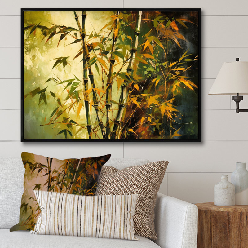 «Roarie Green Floral Bamboo Oasis II», reproduction sur toile, H 30 po x l 40 po x P 1,5 po, Cadre flottant noir